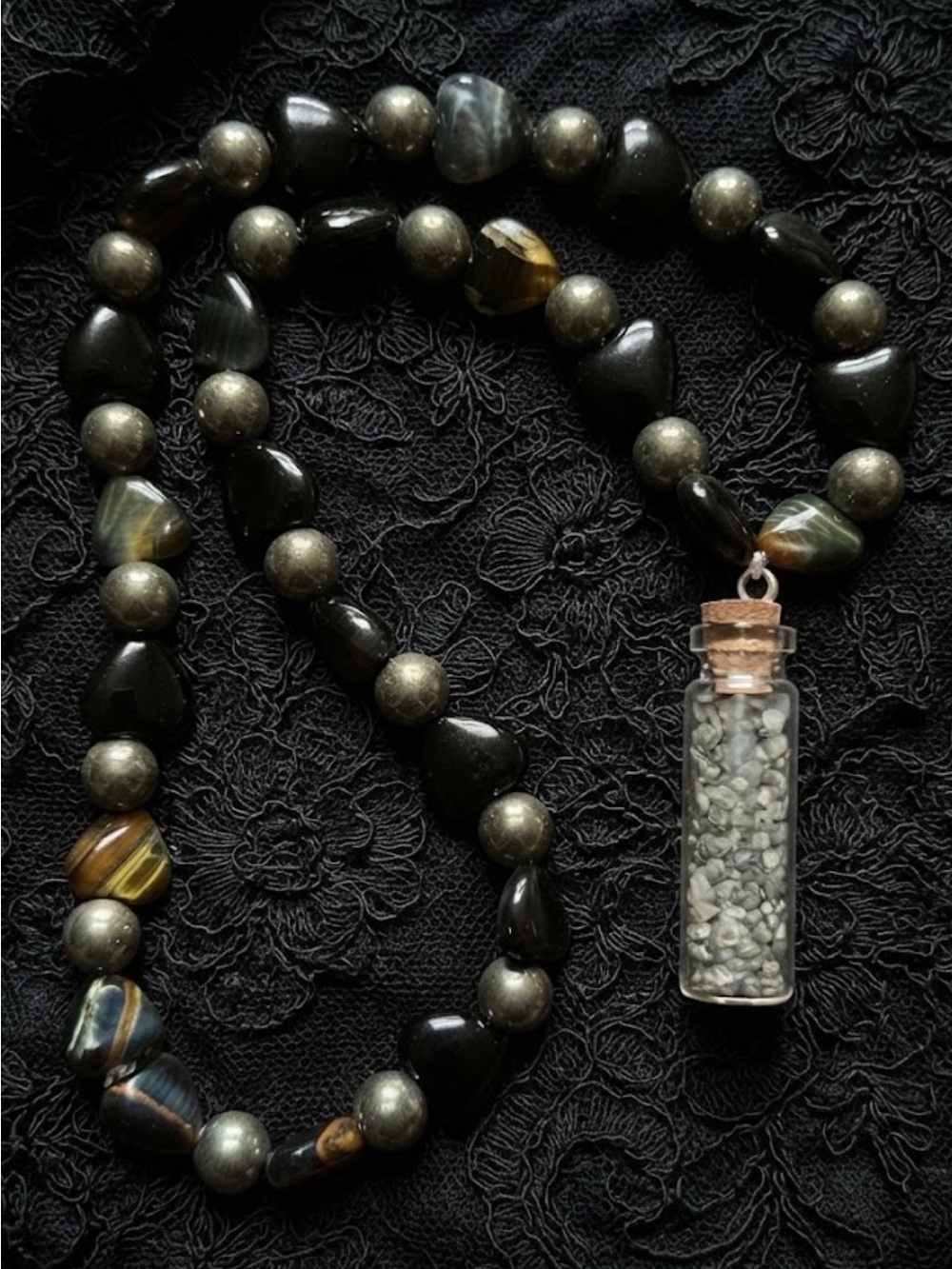 Foolās Treasured Heart (Pyrite, Black Obsidian, Blue Mahogany Tigerās Eye)